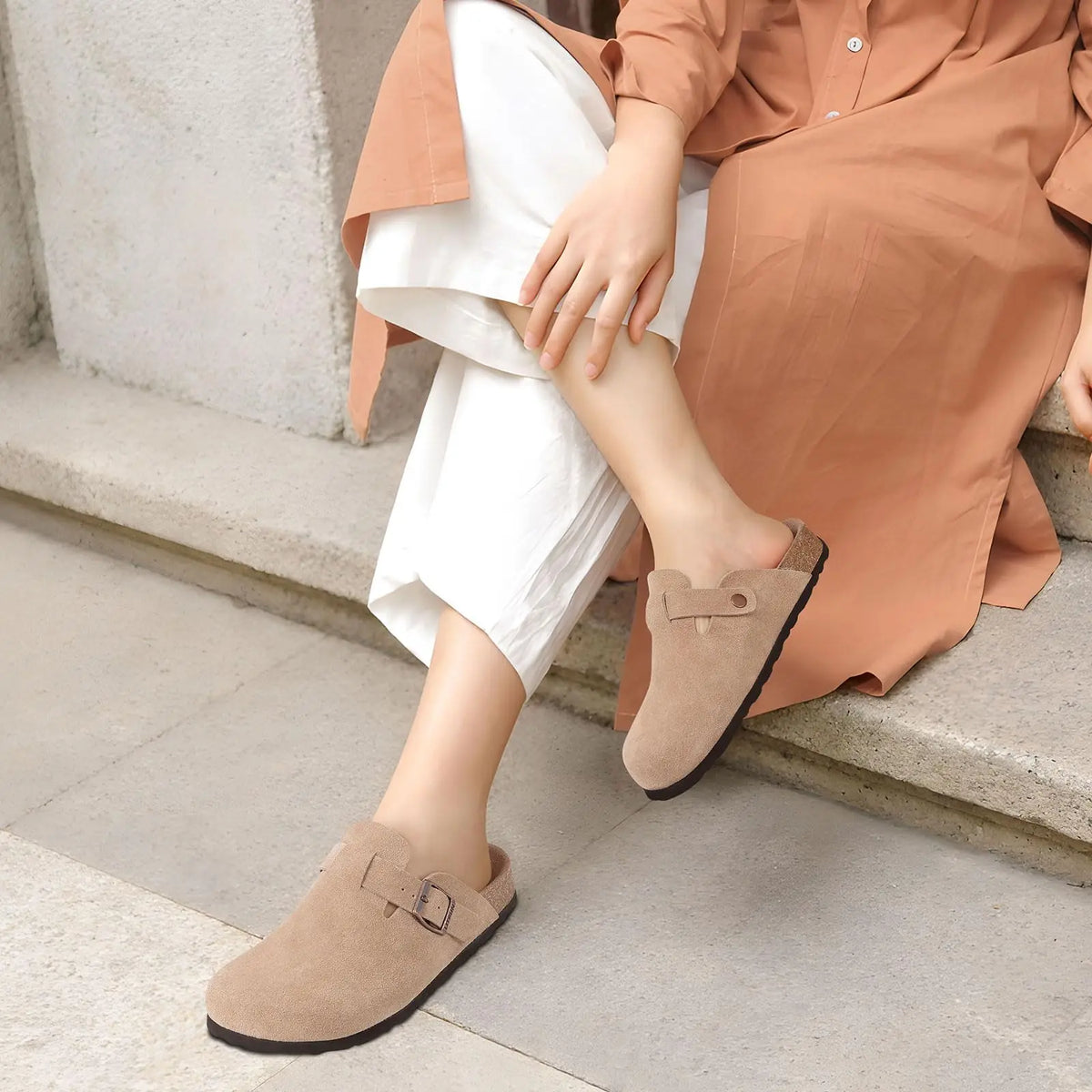 Genuine Leather Clogs with Cork Footbed for Women