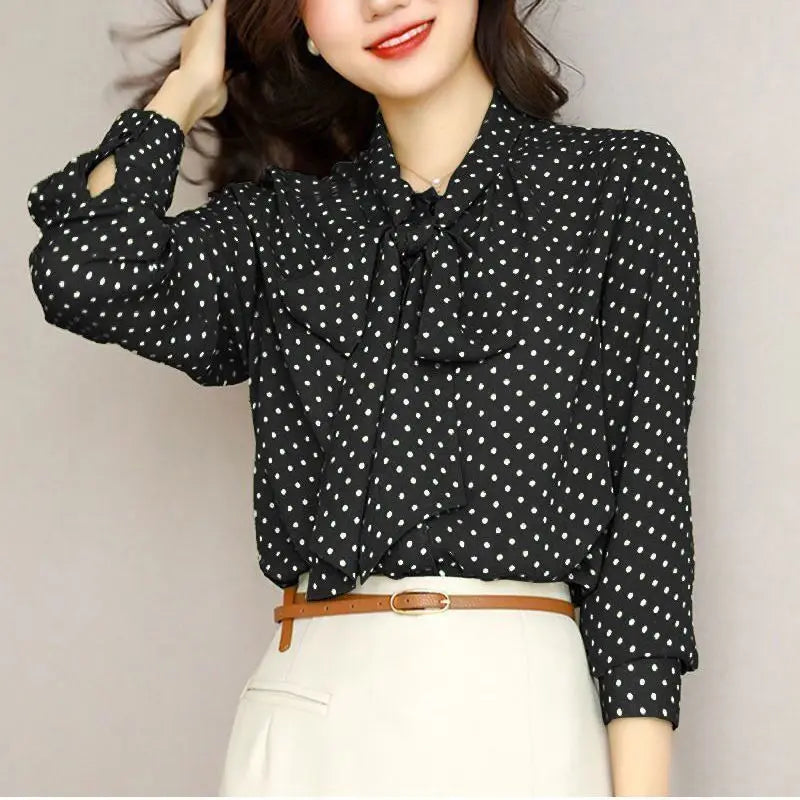 Shawl Collar Long Sleeve Blouse Women Polka Dot Cardigan