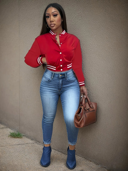 Women's Pure Color Single Breasted Baseball Jacket