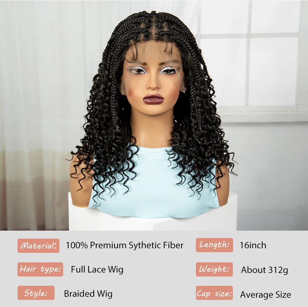 Knotless Box Braided Wigs with Curly Ends 16 Inches Synthetic