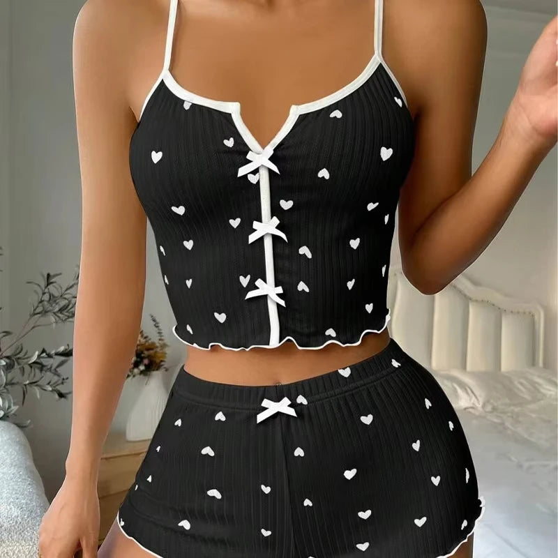 Heart Print Silk Satin Women Pajamas Set
