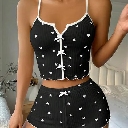 Heart Print Silk Satin Women Pajamas Set