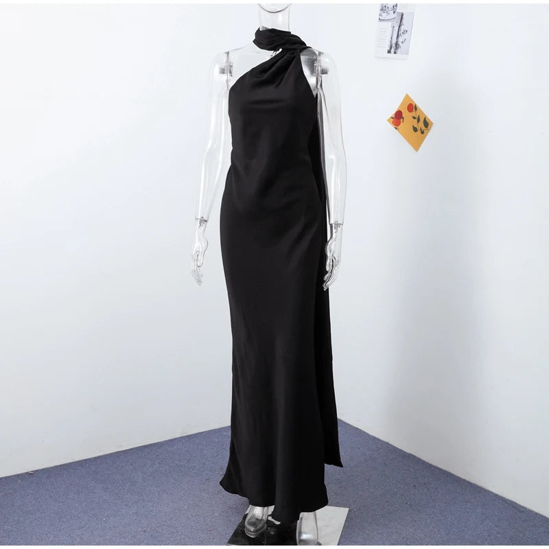 Elegant Halter Dress Women Solid Backless Maxi Dress