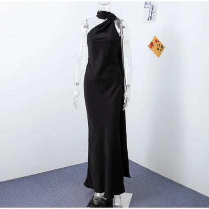 Elegant Halter Dress Women Solid Backless Maxi Dress