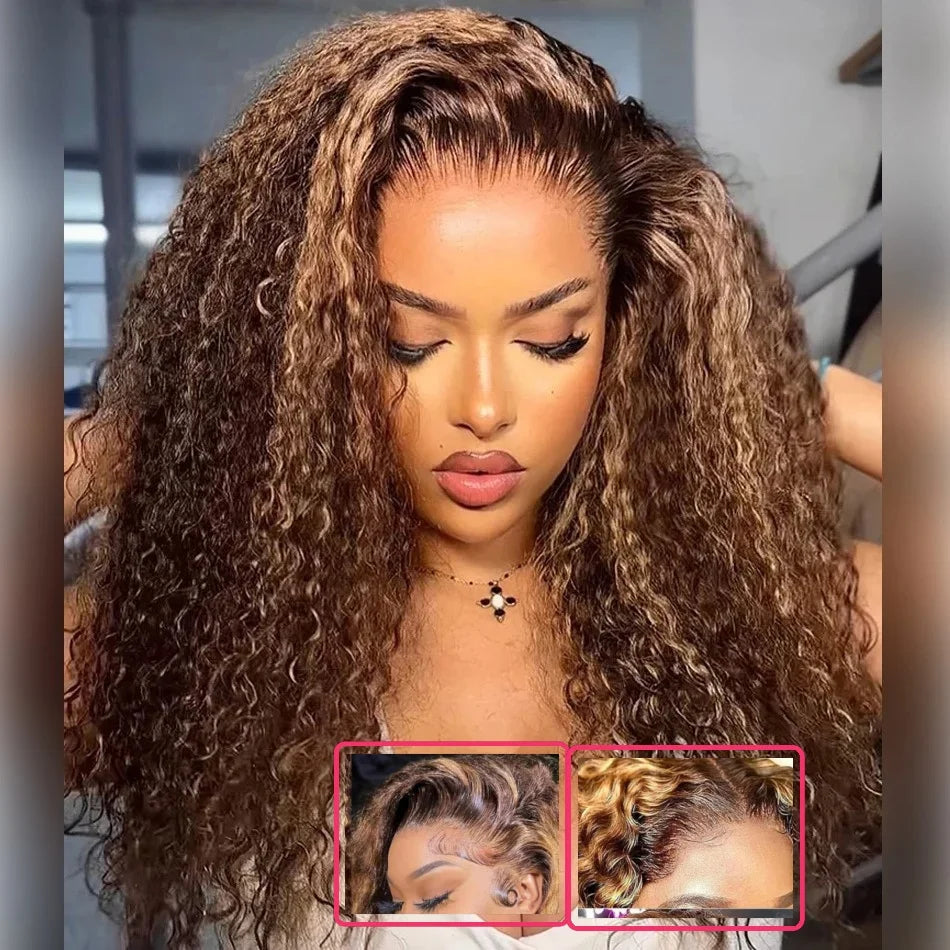 Deep Wave Human Hair Wig Honey Blonde Highlight 5x5 Lace Closure
