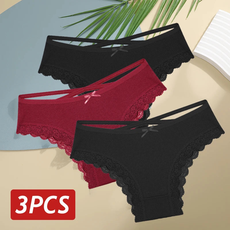 3PCS Women Cotton Lace Brazilian Panties Set S-XL