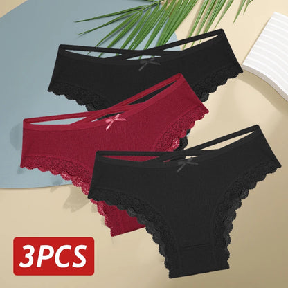 3PCS Women Cotton Lace Brazilian Panties Set S-XL