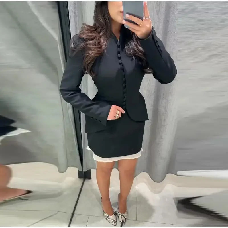 Chic Waist Cinched Women's Blazer Coat with Stand Collar