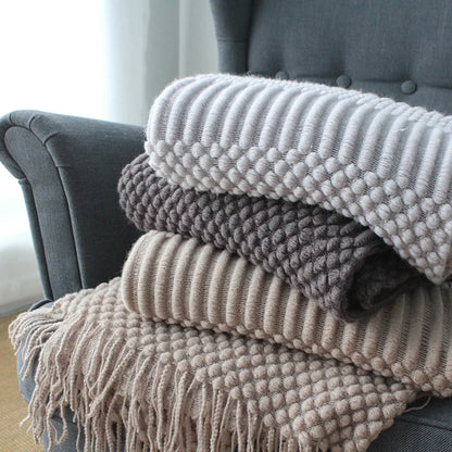 Khaki Knitted Acrylic Blanket with Tassels
