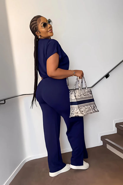 Women Casual Short Sleeve Drawstring Top and High Waist Pants Set