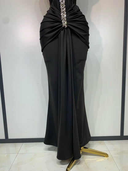 Black Off Shoulder Bodycon Dress with Diamonds