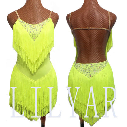 Latin Dance Dress with Rhinestones and Tassels in Red and White