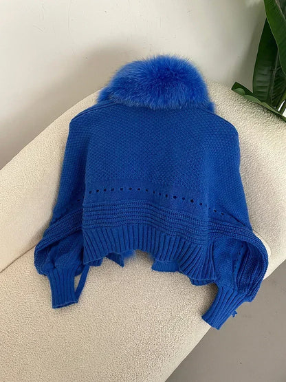 Knitted Cardigan Coat for Women with Real Fox Fur