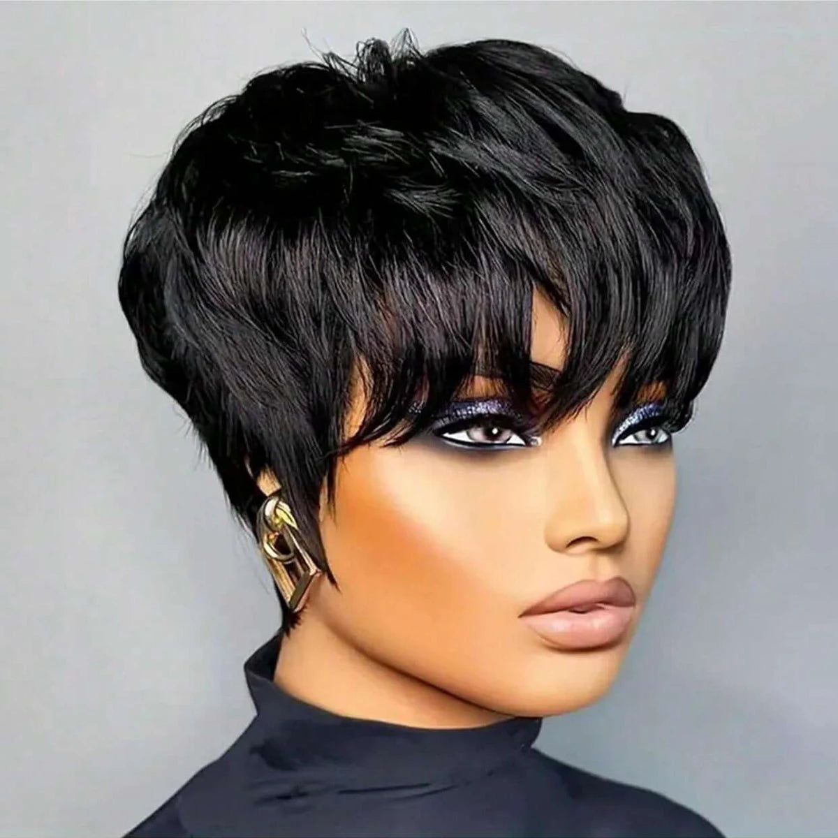 Short Bob Wig Straight Synthetic Wig with Bangs Natural Black