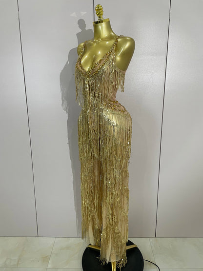 Sparkly Black Rhinestone Fringe Jumpsuit for Women
