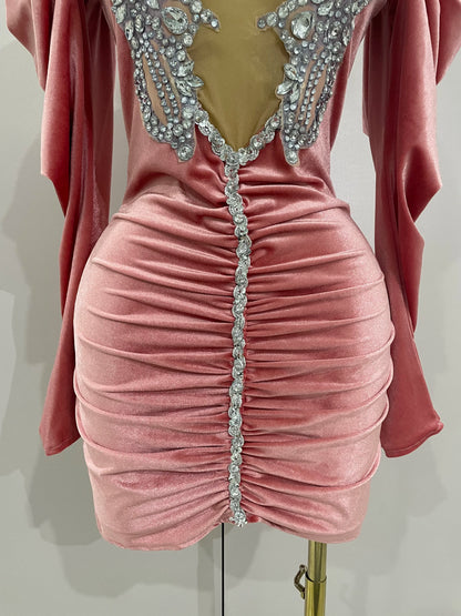 White Velvet Sexy Mesh Short Dress with Crystals