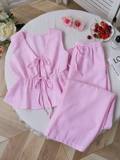 Women Striped V Neck Lace Up Blouse and Wide Leg Pants Set