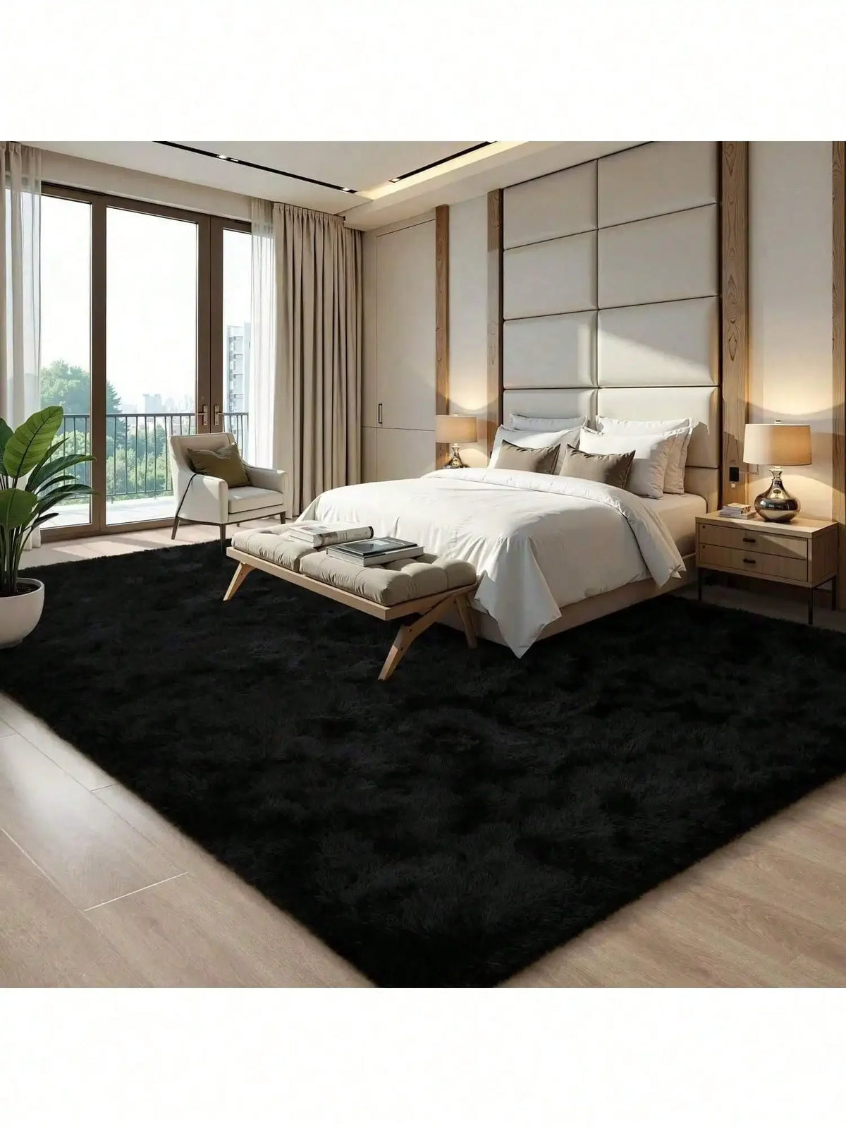 Black Plush Long-Pile Carpet, Soft Non-Slip Rug
