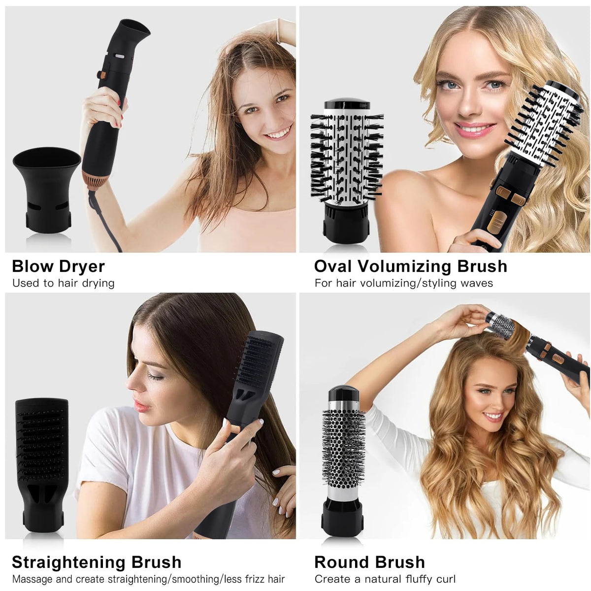 Hatteker 4-Head Hot Air Brush Hair Dryer and Straightener