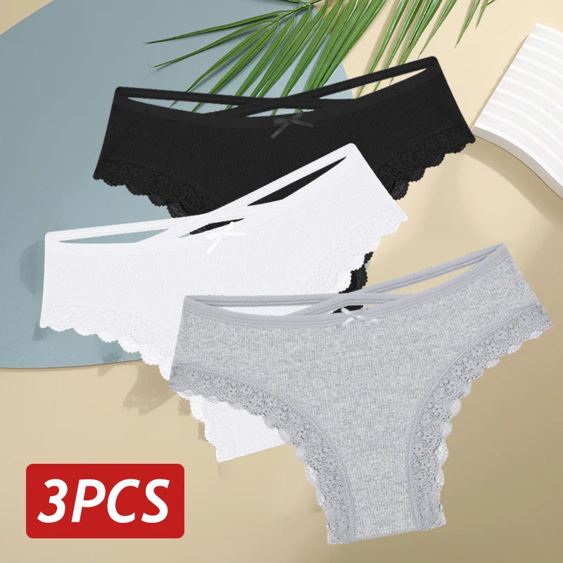 3PCS Women Cotton Lace Brazilian Panties Set S-XL