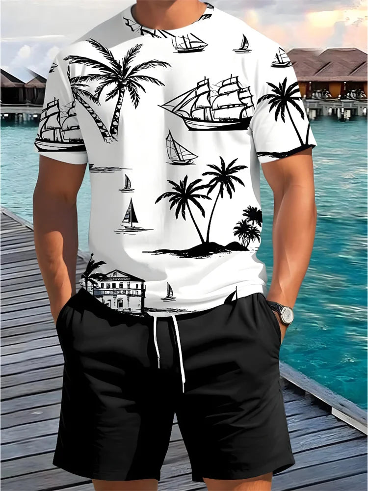 Men's Casual Hawaiian Print T-Shirt and Shorts Set