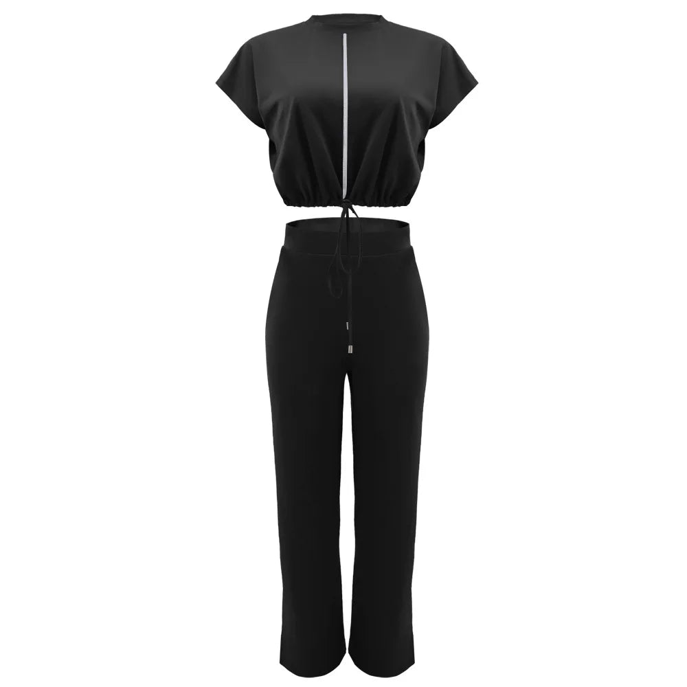 Women Casual Short Sleeve Drawstring Top and High Waist Pants Set