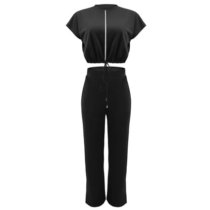 Women Casual Short Sleeve Drawstring Top and High Waist Pants Set
