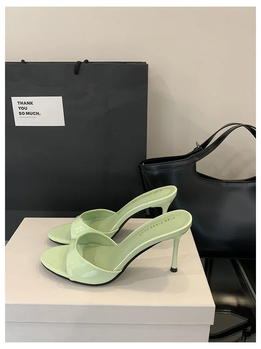 Thin High Heels Open Toe Slides Women Patent Leather Sandals