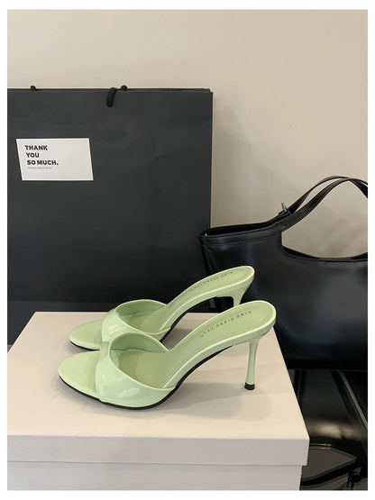 Thin High Heels Open Toe Slides Women Patent Leather Sandals