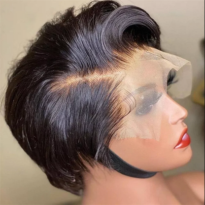 Straight Pixie Cut Wig Transparent Lace Human Hair Black