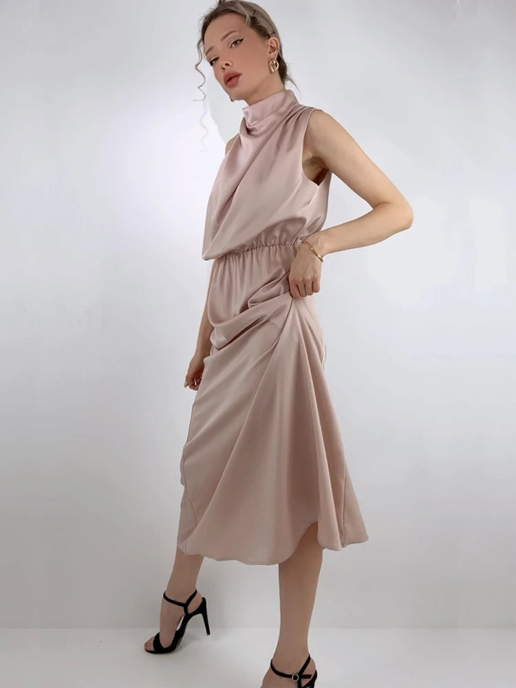 Elegant Silk Satin Sleeveless Long Dress for Women
