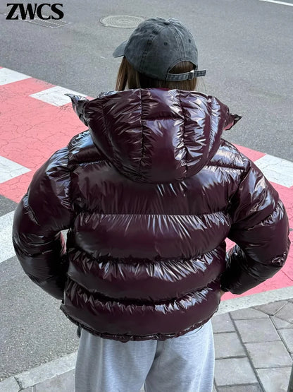 Solid Glossy Zipper Hooded Coat Women's Cotton Jacket