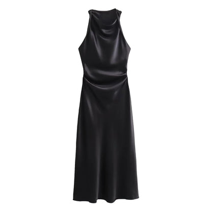 Satin Midi Dress for Women Sleeveless Elegant Evening Dress