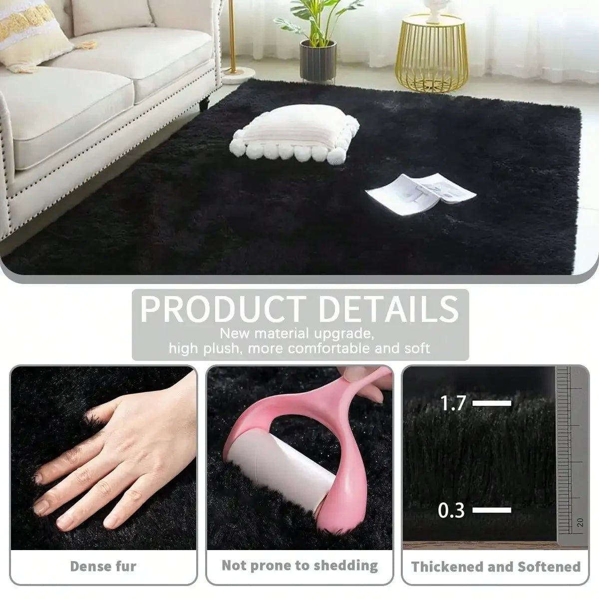 Black Plush Long-Pile Carpet, Soft Non-Slip Rug