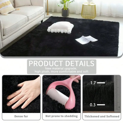 Black Plush Long-Pile Carpet, Soft Non-Slip Rug