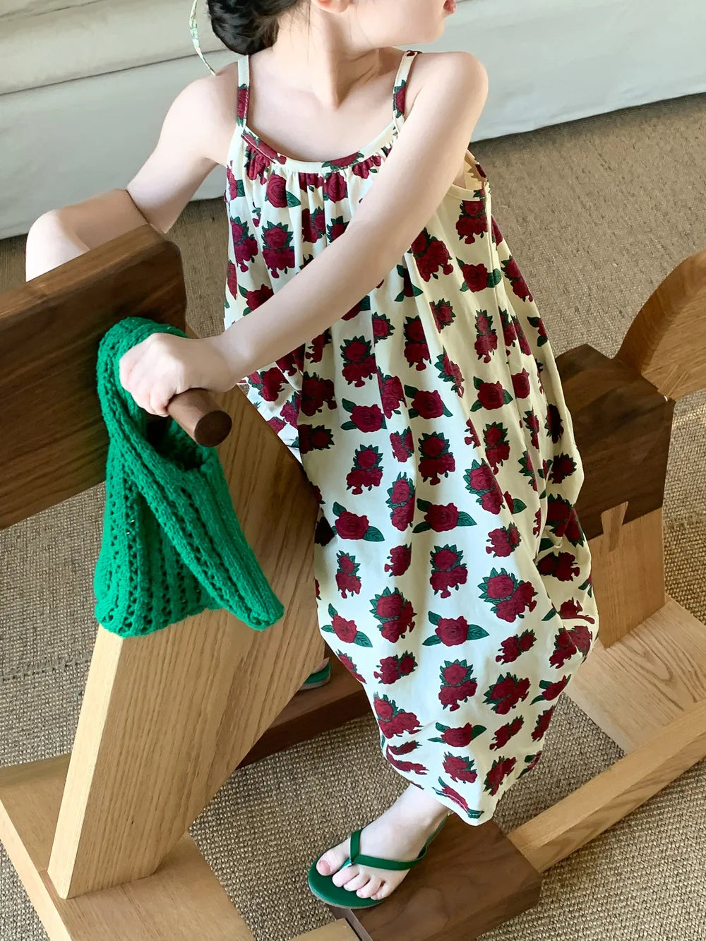 Sleeveless Beach Dress Printed Rose for Girls 4-6Y