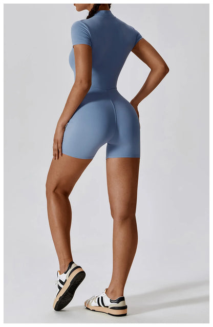 Summer Zipper Short Sleeve Yoga Bodysuit for Women