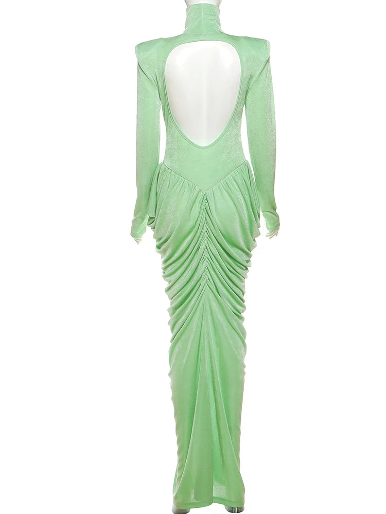 Maxi Dress Women Turtleneck Full Sleeve Backless
