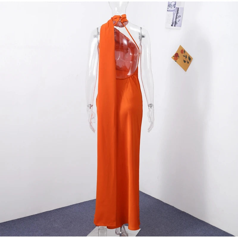 Elegant Halter Dress Women Solid Backless Maxi Dress