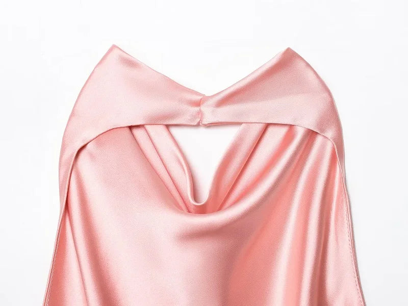 Black Satin Backless Halter Top for Women