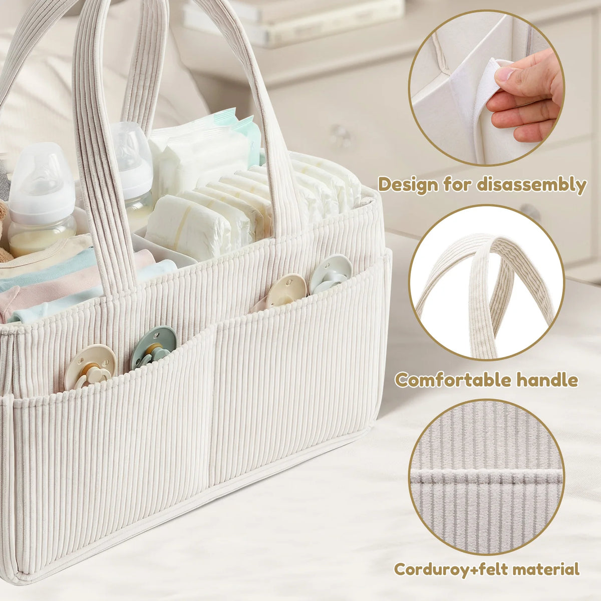 Baby Diaper Caddy Organizer Corduroy Beige Tote