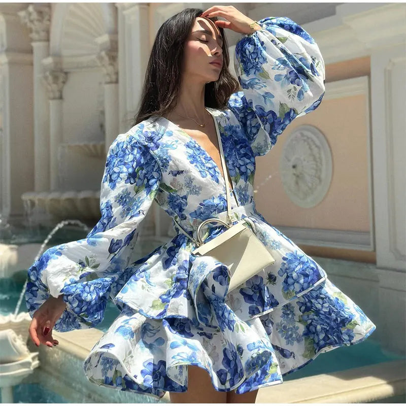 Women Tie-Dye Flower Deep V Neck Flare Sleeve Mini Dress