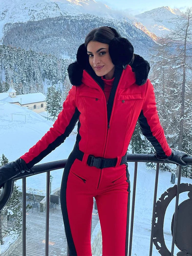 Fur-Trimmed Hooded One-Piece Ski Suit for Women