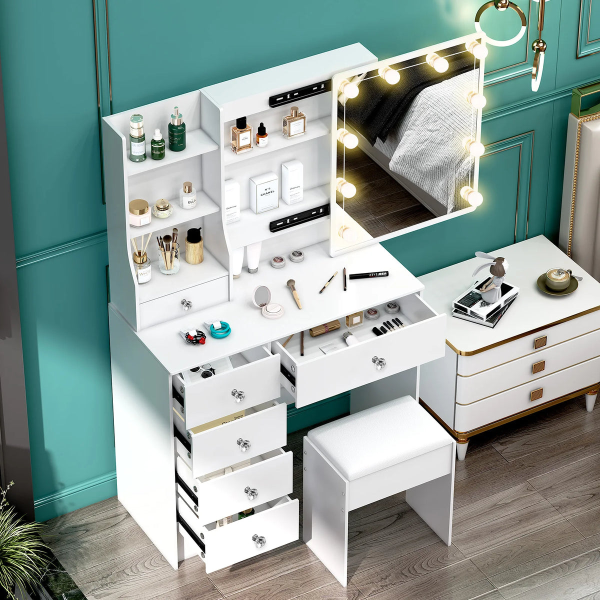 Teousev White LED Makeup Vanity Set with Stool