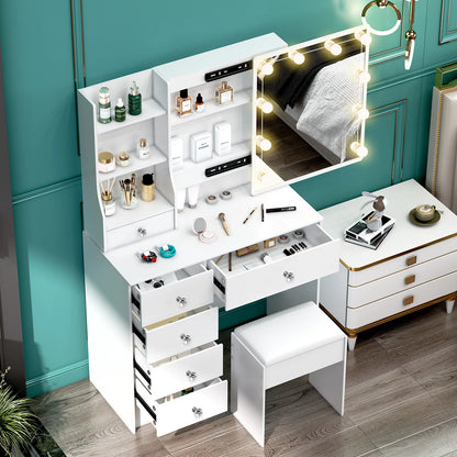 Teousev White LED Makeup Vanity Set with Stool