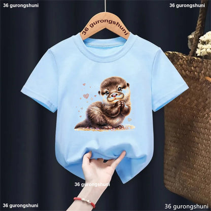 Kawaii Otter Love Printed T-Shirt for Kids