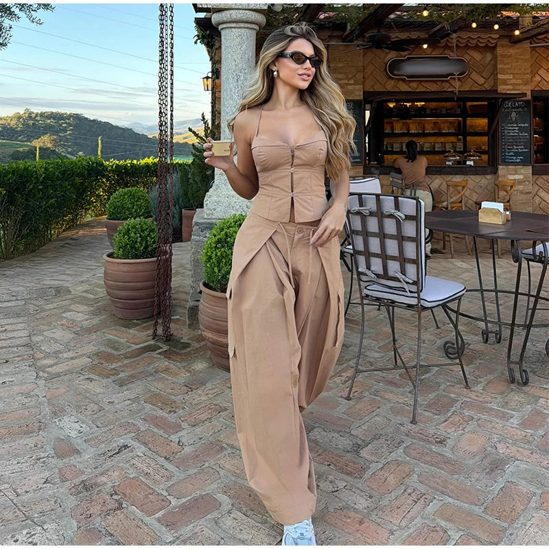 Corset Cami Two Piece Set with Pleated Wide Leg Pants