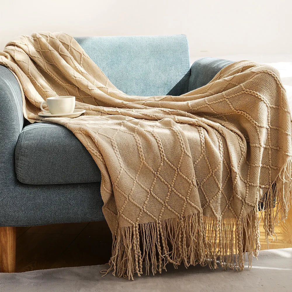 Khaki Knitted Acrylic Blanket with Tassels