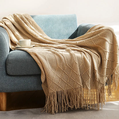 Khaki Knitted Acrylic Blanket with Tassels