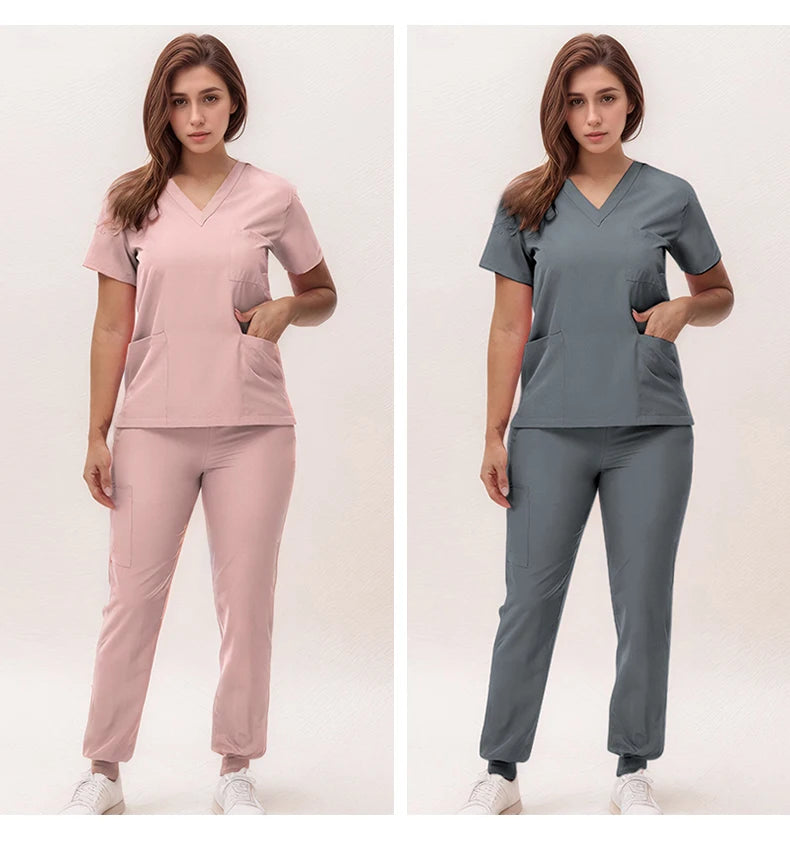 Stretchy V-Neck Nurse Scrub Set Jogger Pants